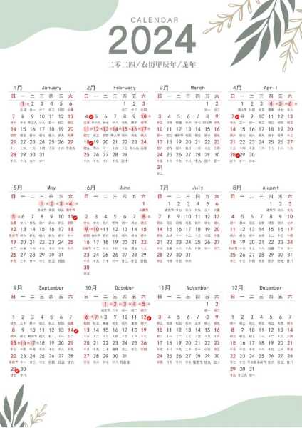 2024年日历表全年表，2024年日历全年表一张图